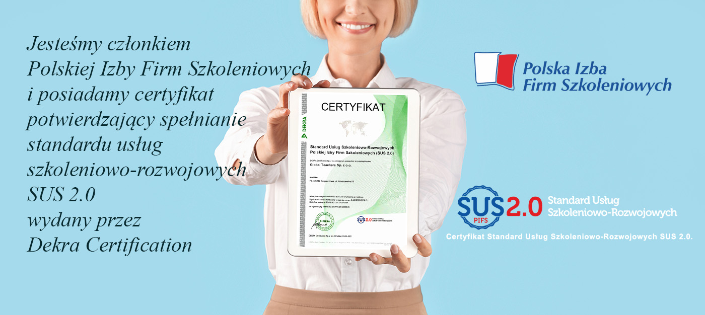 baner z kobietą trzymającą certyfikat sus i z napisem Jesteśmy członkiem  Polskiej Izby Firm Szkoleniowych  i posiadamy certyfikat  potwierdzający spełnianie  standardu usług  szkoleniowo-rozwojowych  SUS 2.0  wydany przez  Dekra Certification